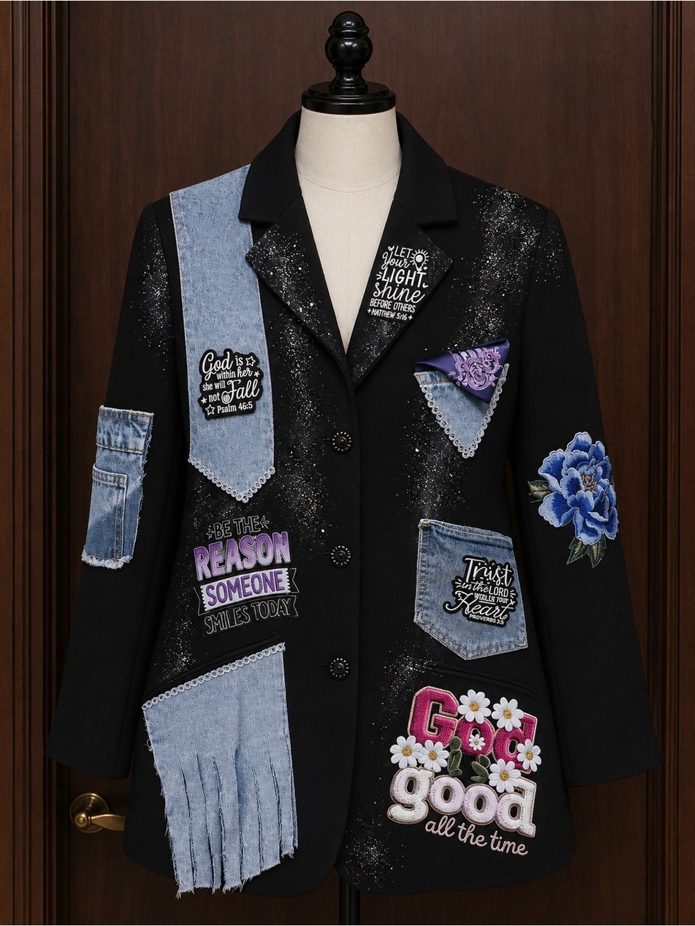 Black Embellished Patchwork Jacket with Denim Accents